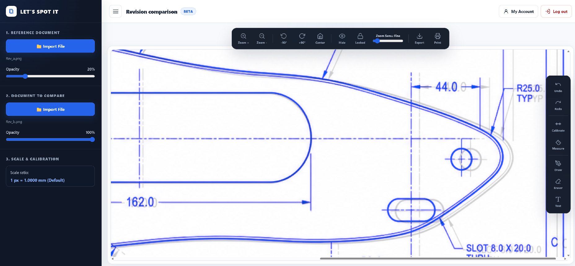 Aligning two PDF technical drawings and adjusting overlay opacity in LET'S SPOT IT