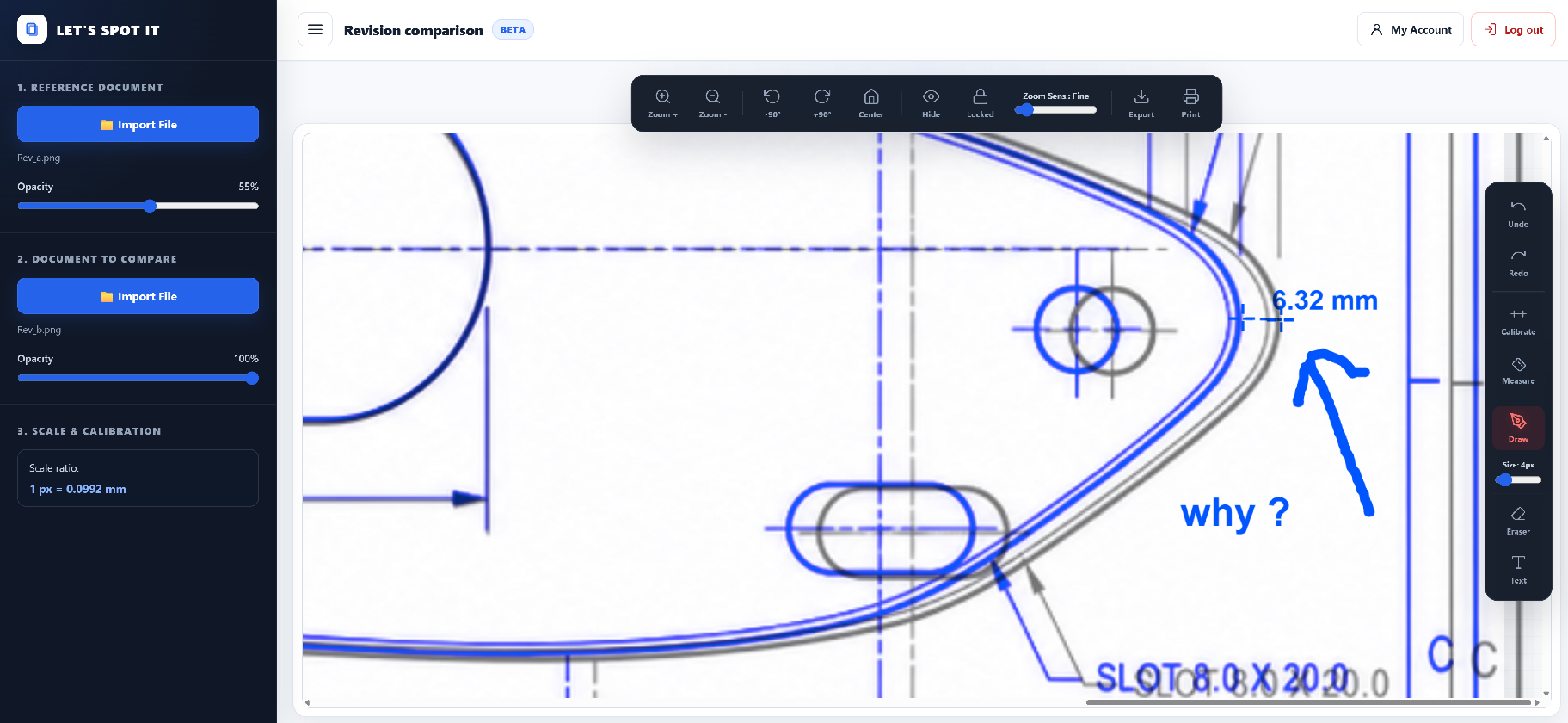 Technical drawing comparison with measurements and annotations in LET'S SPOT IT