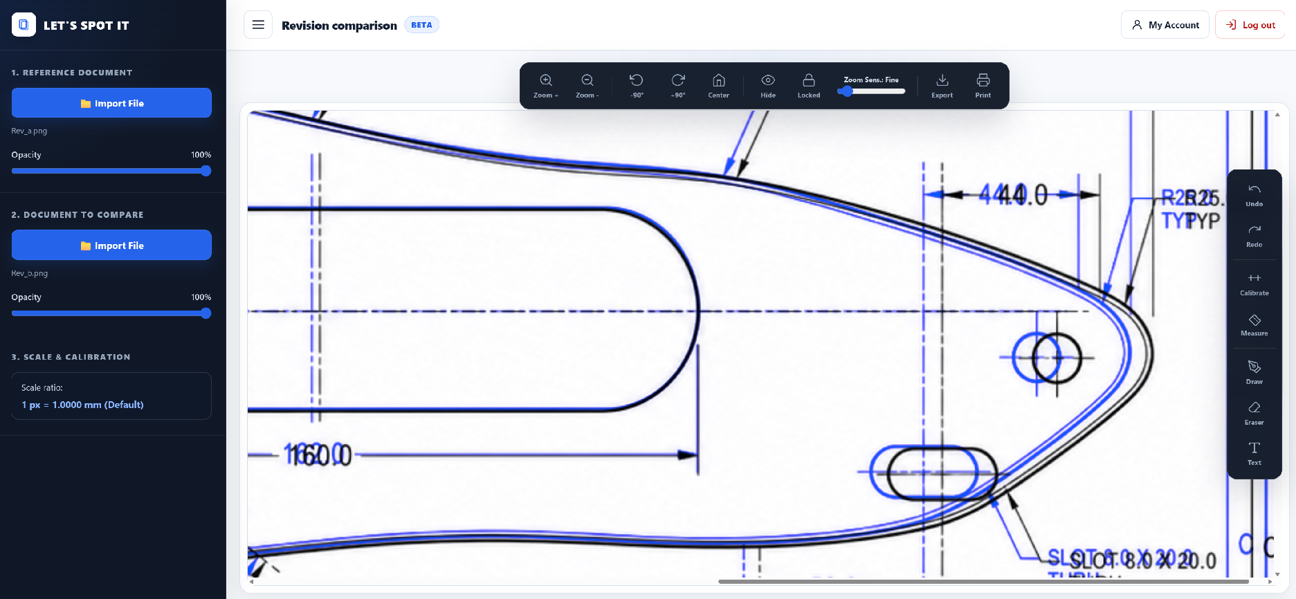 LET'S SPOT IT overlaying two technical drawing revisions to highlight design changes